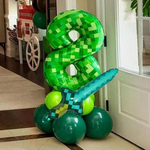 Green Pixel Number Balloon Set, Gamer Birthday Party Decorations