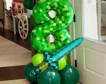 Green Pixel Number Balloon Set, Gamer Birthday Party Decorations
