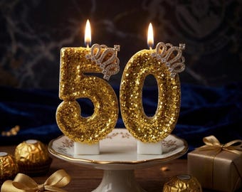 Gold Glitter Number Candle | Royal Crown Cake Topper for 50th Birthday