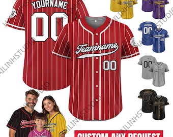 Camiseta de béisbol personalizada roja y blanca estampada con nombre, número y nombre del equipo, camiseta para hombres, mujeres y jóvenes, camiseta personalizada a rayas con botones.