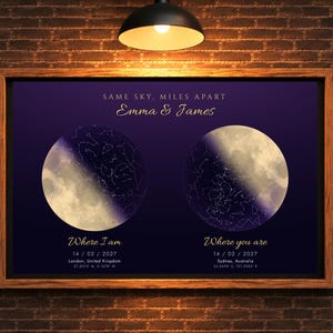 Könnte beinhalten: Ein gerahmtes, rechteckiges Wandbild mit dunkelviolettem Hintergrund und zwei kreisförmigen Sternenkarten. Der Text lautet: SAME SKY, MILES APART, Emma & James, Where I am, Where you are, sowie Daten und Orte für London und Sydney.