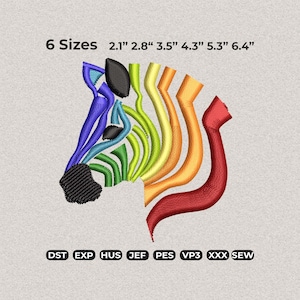 May include: A colorful embroidery design of a zebra head, featuring a rainbow of colors. The design is available in 6 sizes: 2.1", 2.8", 3.5", 4.3", 5.3", and 6.4". The design includes the file types: DST, EXP, HUS, JEF, PES, VP3, XXX, and SEW.
