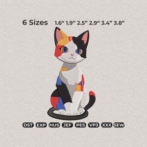 Puede incluir: Un diseño de bordado de gato colorido con un patrón geométrico. El diseño incluye el texto "6 Tamaños" y medidas de 4,1 cm a 9,7 cm. El gato es blanco, negro, rojo y amarillo. El diseño está sobre un fondo gris claro.