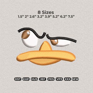 May include: An embroidery design featuring a cartoon face with two brown eyes, black arched eyebrows, and a wide yellow beak. Text above reads 8 Sizes 1.5" 2" 2.6" 3.2" 3.9" 5.2" 6.2" 7.5". File formats listed below are DST, EXP, HUS, JEF, PES, VP3, XXX, SEW.