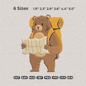 Puede incluir: Diseño bordado de un oso pardo con una mochila amarilla y un mapa. El diseño está disponible en seis tamaños, que van desde 4,8 cm hasta 14 cm de ancho. La imagen también muestra varios formatos de archivo: DST, EXP, HUS, JEF, PES, VP3, XXX y SEW.