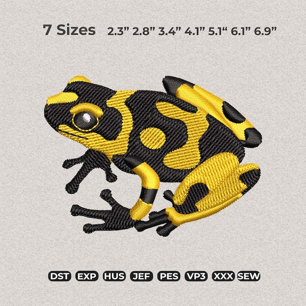 Diseño de bordado de rana, patrón de máquina de rana venenosa negra y amarilla, archivo digital de puntada de animales salvajes tropicales