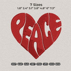 Peace Heart Word Embroidery Design, Groovy Heart Bold Letter Machine Pattern, Retro Love Quote Digital File
