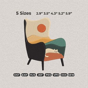 May include: An embroidery design of an armchair featuring a cream, orange, and teal landscape pattern with a sleeping cat on the seat. The text 5 Sizes 2.9" 3.5" 4.3" 5.2" 5.9" is displayed above, and file formats DST, EXP, HUS, JEF, PES, VP3, XXX, SEW are below.