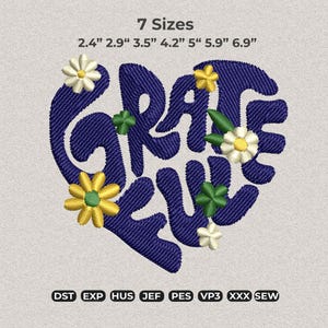 Grateful Heart Embroidery Design, Floral Word Lettering Machine Pattern, Thankful Script Digital File