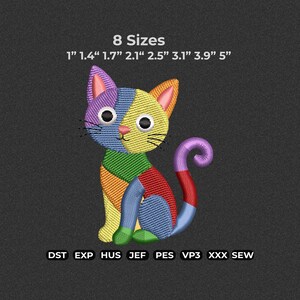 May include: A colorful cat embroidery design with eight size options ranging from 1 inch to 5 inches. The cat is segmented into various colors, including purple, blue, yellow, orange, green, and red. The design includes file formats DST, EXP, HUS, JEF, PES, VP3, and XXX SEW.
