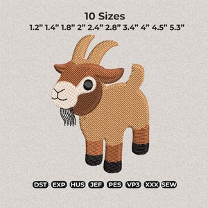 May include: Embroidered goat design in shades of brown, tan, and black. The image includes the text "10 Sizes" and size measurements ranging from 1.2" to 5.3". Below the goat are embroidery file format abbreviations.
