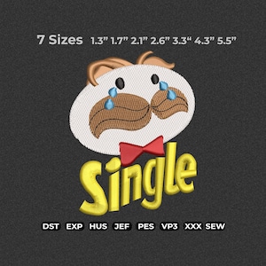 May include: An embroidery design featuring a white oval face with a brown mustache, two blue teardrops, and a red bow tie. Below is the yellow text 'Single'. The image displays 7 sizes: 1.3", 1.7", 2.1", 2.6", 3.3", 4.3", 5.5" and file formats: DST, EXP, HUS, JEF, PES, VP3, XXX, SEW.