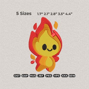 May include: Embroidered design of a cute, smiling flame character in shades of red, orange, and yellow. The design is available in five sizes, ranging from 4.3 cm to 11.2 cm. Includes file formats DST, EXP, HUS, JEF, PES, VP3, XXX, and SEW.