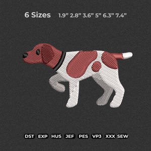 May include: Embroidered dog design in red and white with a black collar. The image includes the text "6 Sizes" and measurements in inches: 1.9", 2.8", 3.6", 5", 6.3", and 7.4". Below the dog are the file types: DST, EXP, HUS, JEF, PES, VP3, XXX, and SEW.