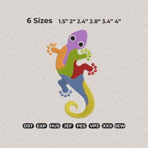 May include: A colorful embroidered lizard design in purple, orange, green, red, blue, and yellow. The design is available in 6 sizes, ranging from 1.5" to 4". The image also displays various embroidery file formats.