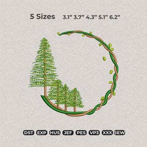 Pine Tree Wreath Embroidery Design, Forest Crest Machine Pattern, Woodland Nature Monogram (Digital File)