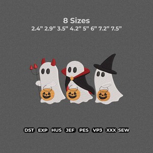 May include: An embroidery design featuring three white ghosts holding orange jack-o'-lantern buckets. One ghost has red devil horns and a pitchfork, one wears a black cape with a red collar, and one wears a black witch hat. Text reads 8 Sizes 2.4" 2.9" 3.5" 4.2" 5" 6" 7.2" 7.5" and file formats DST EXP HUS JEF PES VP3 XXX SEW.