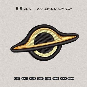 May include: Embroidered patch featuring a black and gold stylized design resembling a black hole. The patch is outlined in black with gold accents and a textured black center. The image includes text indicating five size options, ranging from 2.3" to 7.4".