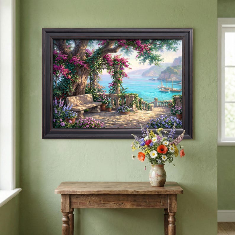 Oil Painting Style Landscape Floral Print, Coastal Serene Wall Art ...