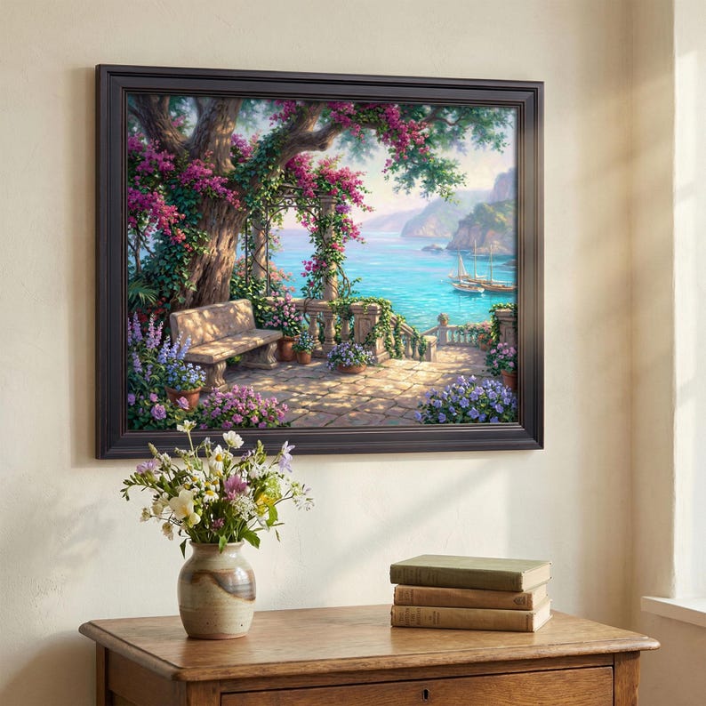 Oil Painting Style Landscape Floral Print, Coastal Serene Wall Art ...