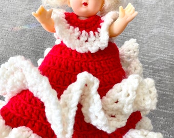 Vintage crocheted plastic sitter doll, collectible doll, bed doll