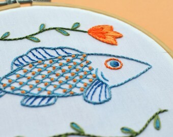 Pond Life - Beginner Embroidery Kit & Wall Decor - fish and floral