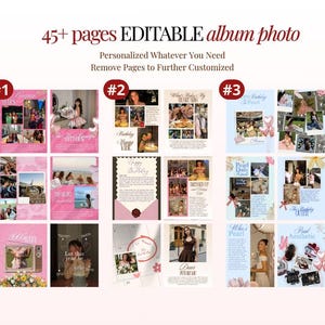May include: A digital collection of 45+ editable photo album pages featuring various layouts, pink and blue color schemes, and text elements like "45+ pages EDITABLE album photo," "Personalized Whatever You Need," and "Remove Pages to Further Customized."