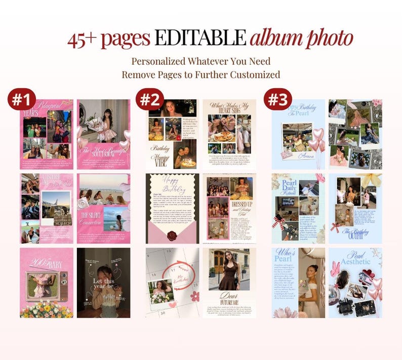 May include: A digital collection of 45+ editable photo album pages featuring various layouts, pink and blue color schemes, and text elements like "45+ pages EDITABLE album photo," "Personalized Whatever You Need," and "Remove Pages to Further Customized."