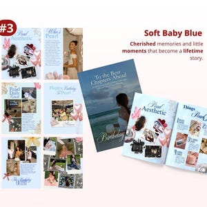 May include: A soft baby blue photo book featuring a collection of collages with various images, including heart-shaped balloons, flowers, and personal photographs. The cover displays the text To the Best Chapters Ahead and Birthday.