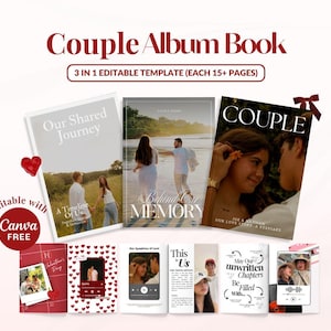 May include: A 3-in-1 editable digital template for a couple's album book, featuring three distinct cover designs with photos of couples and text including Our Shared Journey, Behind Our Memory, and COUPLE, plus interior pages with heart patterns.