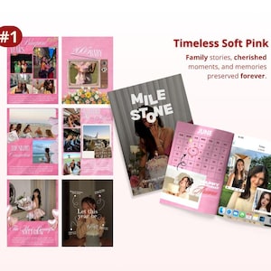 May include: A collection of printed photo album pages and a calendar featuring pink themes, various personal photographs, and text including "MILESTONE," "JUNE," and "HAPPY BIRTHDAY ARIANA." The layout displays multiple collages with soft pink backgrounds.