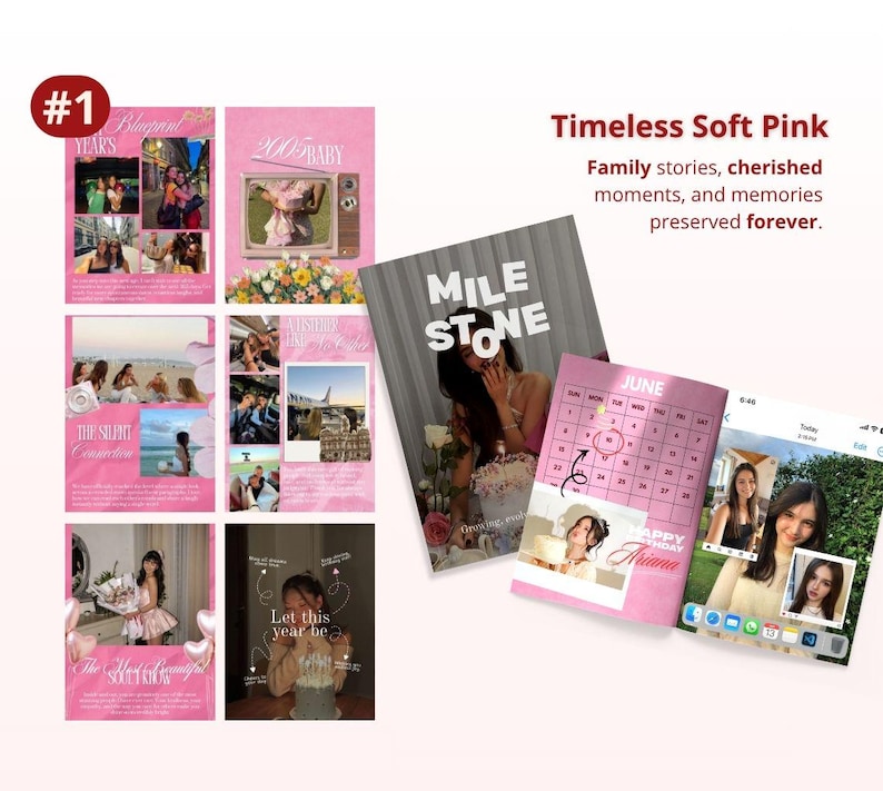 May include: A collection of printed photo album pages and a calendar featuring pink themes, various personal photographs, and text including "MILESTONE," "JUNE," and "HAPPY BIRTHDAY ARIANA." The layout displays multiple collages with soft pink backgrounds.