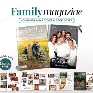 May include: A magazine template titled "Family magazine" with the text "40+ PAGES with 2 COVER & BACK COVER". The magazine features family photos and is editable with Canva Free. The magazine covers have the word "FAMILY" on them.