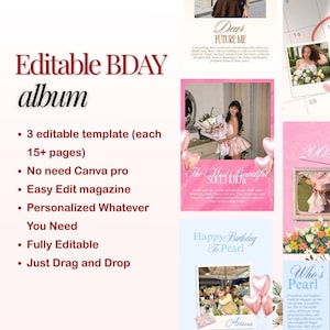 May include: An editable birthday album template set featuring three designs with over 15 pages each. The layout includes text reading Editable BDAY album, 3 editable template, No need Canva pro, Easy Edit magazine, Personalized Whatever You Need.