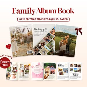 May include: A 3-in-1 editable family album book template featuring multiple page layouts with photo collages, text sections, and titles like Family, The Story of Us, and Our Heritage. The design includes a red bow and heart icon.