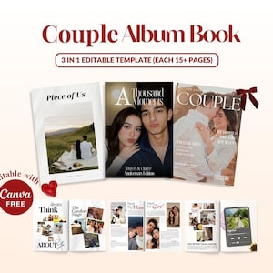 May include: A digital template set titled Couple Album Book, featuring three editable 15-page layouts. The designs include photo covers with text like Piece of Us, A Thousand Moments, and Couple, plus interior pages with photo collages and text.