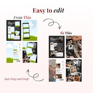 May include: A digital template set featuring four distinct layouts for photo collages. The left side shows blank green and white placeholders labeled From This, while the right side displays filled examples labeled To This, with text Easy to edit.