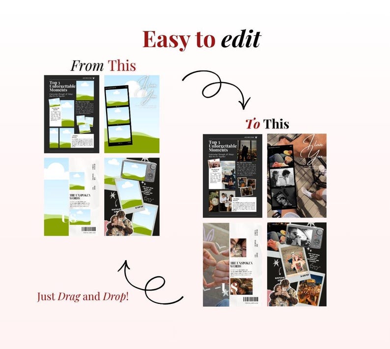 May include: A digital template set featuring four distinct layouts for photo collages. The left side shows blank green and white placeholders labeled From This, while the right side displays filled examples labeled To This, with text Easy to edit.