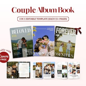 May include: A 3-in-1 editable couple album book template set featuring three magazine-style covers with photography of couples and text including Beloved, Forever, and Essentials, plus interior page layouts with photo collages and text.