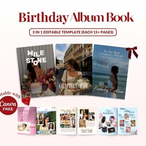 May include: A 3-in-1 editable Birthday Album Book template set featuring three distinct cover designs with text including Milestone, Chapters of Me, and To the Best Chapters Ahead. The set includes multiple interior page layouts with photo placeholders, calendar grids, and text sections, all compatible with Canva.