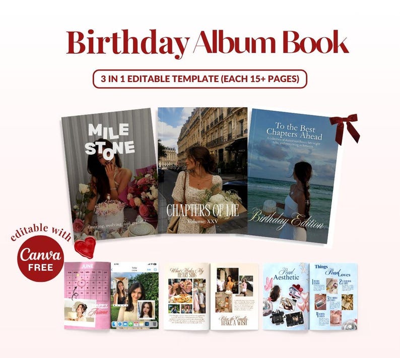May include: A 3-in-1 editable Birthday Album Book template set featuring three distinct cover designs with text including Milestone, Chapters of Me, and To the Best Chapters Ahead. The set includes multiple interior page layouts with photo placeholders, calendar grids, and text sections, all compatible with Canva.