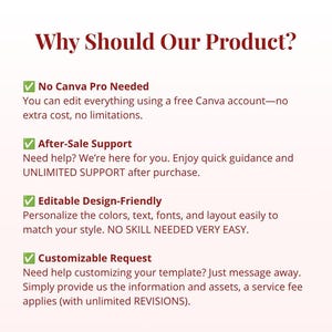 May include: A digital information graphic titled Why Should Our Product? featuring four green checkmark bullet points: No Canva Pro Needed, After-Sale Support, Editable Design-Friendly, and Customizable Request, with descriptive text for each feature.