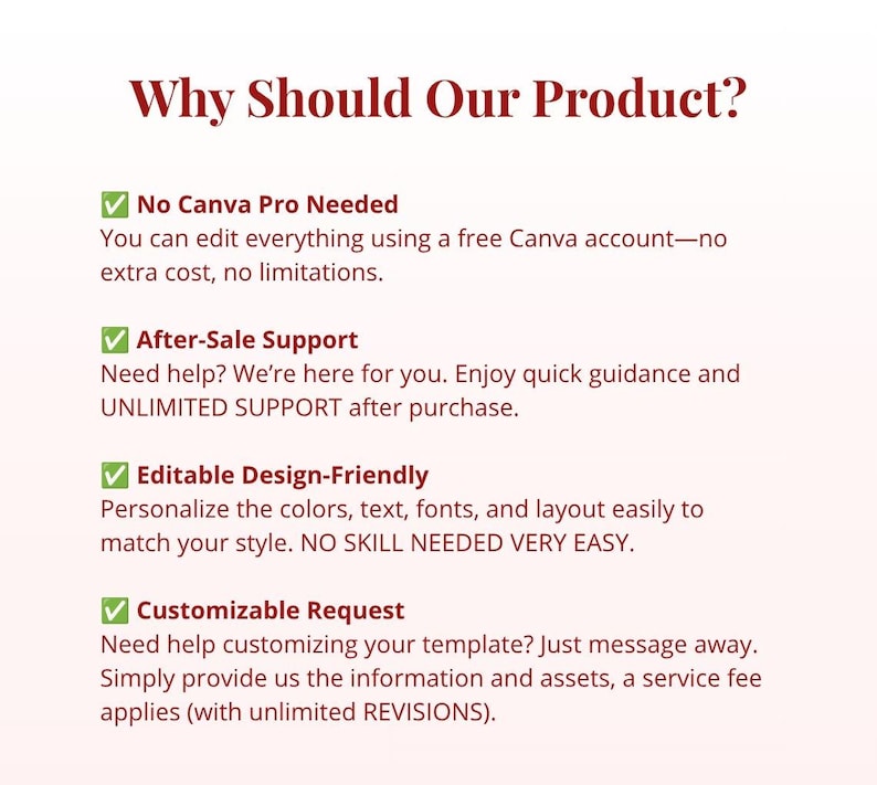 May include: A digital information graphic titled Why Should Our Product? featuring four green checkmark bullet points: No Canva Pro Needed, After-Sale Support, Editable Design-Friendly, and Customizable Request, with descriptive text for each feature.