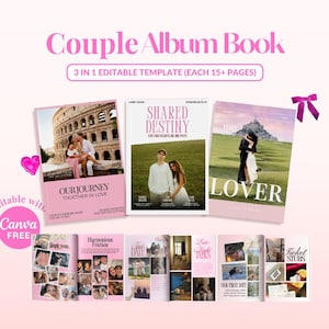 May include: A digital couple album book template set featuring three distinct cover designs titled Our Journey, Shared Destiny, and Lover, alongside interior page layouts with photo collages, text boxes, and sections for ticket stubs.