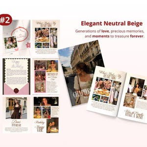 May include: A collection of beige-toned photo book pages featuring various personal photographs, handwritten-style text, and birthday-themed graphics. The layouts include collages, calendar overlays, and printed captions like What Makes My Heart Sing.
