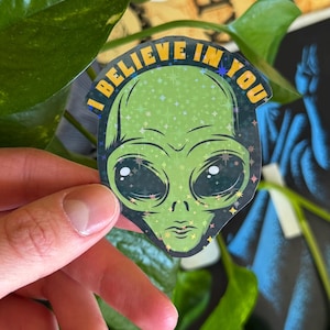 Green Alien Vinyl Sticker - Holographic Celestial Star Pattern