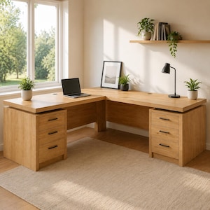 May include: An L-shaped light oak wood desk featuring two integrated pedestals, each with three drawers equipped with black handles. The desk surface holds a laptop, a framed picture, a black desk lamp, and two small potted green plants.