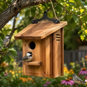Op de afbeelding: Een houten vogelhuisje met een schuin dak, een rond invlieggat en een kleine zitstok. De structuur is voorzien van een zwarte metalen hanger aan de bovenkant, bevestigd aan een touw. Een kleine zwart-witte vogel zit op de stok, terwijl twee andere vogels zichtbaar zijn in de omliggende tuin.