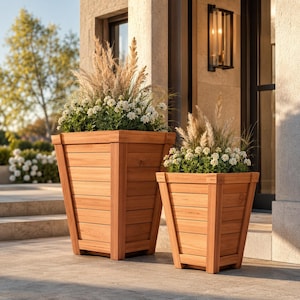Puede incluir: Dos maceteros cuadrados y cónicos hechos de listones de madera horizontal de color marrón claro. Cada macetero contiene un arreglo exuberante de follaje verde, pequeñas flores blancas y hierbas ornamentales beige y plumosas.