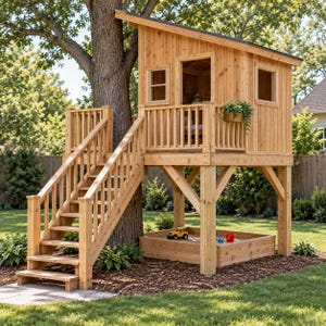 Könnte beinhalten: Ein hölzernes Baumhaus mit einer erhöhten Plattform, einem schrägen Dach, einem Geländer und einer Treppe zum Boden. Unter der Plattform befindet sich ein quadratischer Sandkasten aus Holz mit einem gelben Spielzeuglaster und einem roten Eimer.